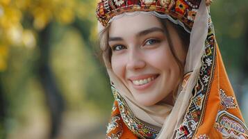 lindo jovem mulher dentro tradicional roupas foto