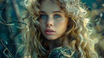 lindo jovem mulher com grandes loiro encaracolado cabelo foto