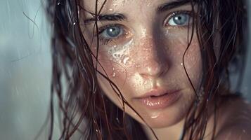 lindo jovem mulher com molhado Castanho cabelo olhando foto