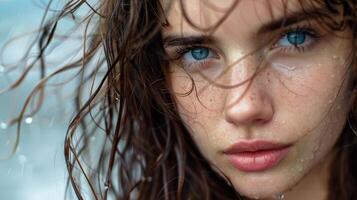 lindo jovem mulher com molhado Castanho cabelo olhando foto
