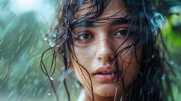 lindo jovem mulher com molhado cabelo olhando foto