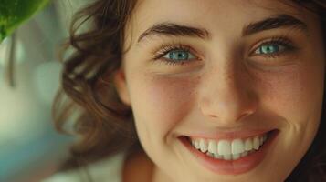 lindo jovem mulheres com cheio de dentes sorrisos dentro de casa foto