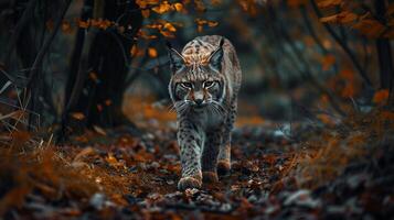 grande gato caminhando através Sombrio outono floresta foto