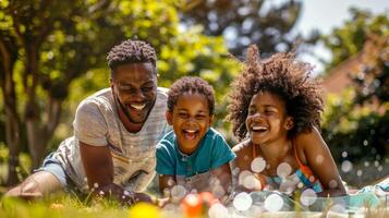 Preto família desfrutando verão juntos às quintal foto