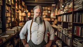 proprietário do livraria. retrato do respeitável adulto homem com barba. foto