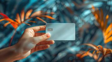 mão segurando crédito cartão com em branco espaço. foto