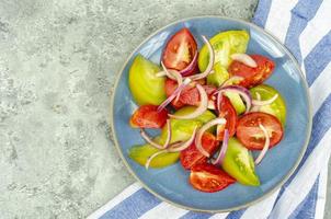 dieta alimentar. salada de fatias de cebolas e tomates frescos brilhantes. foto de estúdio
