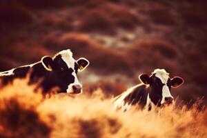 vacas dentro campo pôr do sol dentro a tarde. neural rede foto