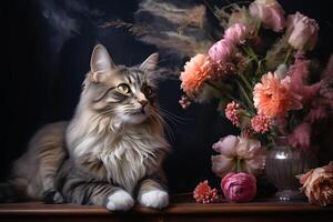 uma gato sentado Próximo para uma vela e flores foto