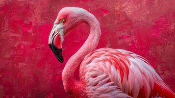 uma flamingo é em pé em uma vermelho fundo foto