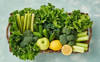 uma cesta do legumes Incluindo brócolis, maçãs, e salsão foto