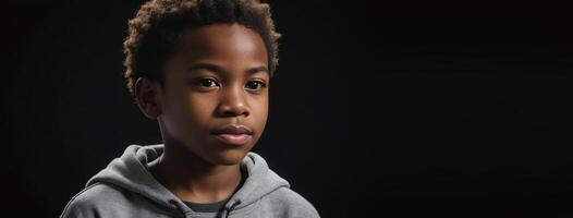 a africano americano juvenil Garoto isolado em uma Preto fundo com cópia de espaço. foto