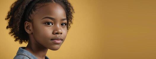 a africano americano juvenil menina isolado em uma amarelo fundo com cópia de espaço. foto