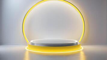 brilho prata cilindro pedestal pódio. ficção científica branco esvaziar quarto conceito com semi círculo brilhando amarelo néon iluminação foto