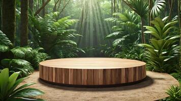 de madeira pódio dentro tropical floresta para produtos apresentação.3d Renderização foto