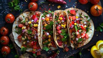 mexicano tacos com vegetais, carne, milho, e fresco ervas, em uma rústico de madeira borda. foto