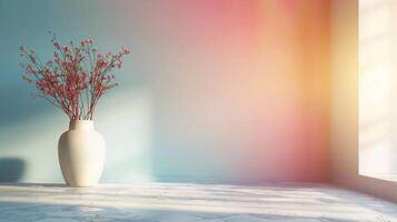 elegante cereja flores dentro uma branco vaso. suave manhã luz através janela. cópia de espaço foto