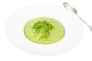 prato branco com sopa de creme de vegetais verdes, prato de dieta saudável. foto