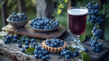 rico Sombrio mirtilo Cerveja e fresco amoras em de madeira mesa. campo fundo foto