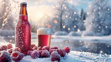 garrafa e vidro do framboesa Cerveja e fresco framboesas dentro uma Nevado inverno panorama. foto