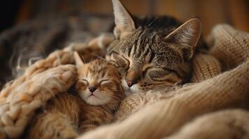 mãe gato acariciado acima com dela gatinho dentro uma aconchegante, caloroso cama. materno Cuidado, mães dia foto