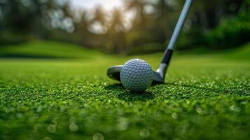 fechar-se imagem do uma golfe bola e clube em exuberante verde fairway. verão olímpico jogos, Esportes equipamento foto