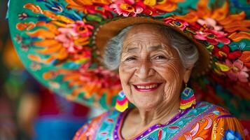 sorridente Senior mexicano mulher dentro uma ampla sombrero e tradicional vestir. cinco de maionese. foto