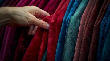 mão selecionando veludo e seda tecido amostras dentro rico cores para sob medida roupas. foto