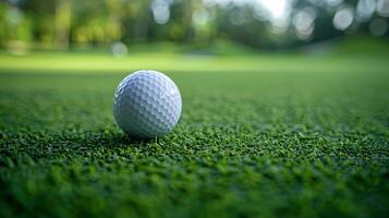 fechar-se imagem do uma golfe bola em exuberante verde fairway. verão olímpico jogos, Esportes equipamento para golfe foto