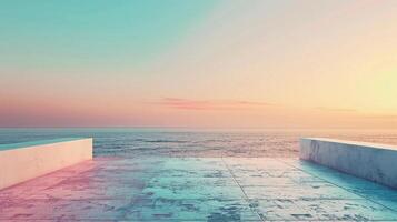 sereno marinha visualizar, uma texturizado terraço às pôr do sol, pastel céu gradientes, calma oceano. foto