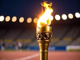 Jogos Olímpicos ouro tocha chama. olímpico tocha conceito. olímpico tocha com estádio cena Como fundo. foto