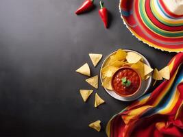 cinco de maionese cópia de espaço fundo. tortilla salgadinhos em uma prato com tomate mergulho molho simbolizar festivo cozinha e feriado alegrar. foto