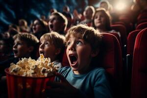 uma jovem Garoto é sentado com dele boca abrir, absorta dentro assistindo uma filme em a tela dentro frente do ele. foto