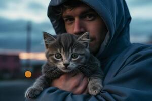 uma homem suavemente embalando uma pequeno gatinho dentro dele braços, mostrando Cuidado e afeição para a minúsculo felino. foto