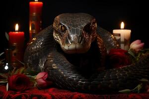 uma Terrível serpente contorcido entre a flores e velas. foto