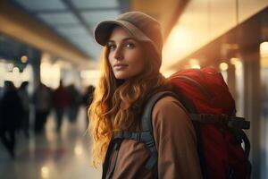 uma mulher carregando uma mochila em pé em meio a a movimentado atividade do a aeroporto terminal. foto