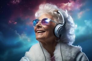 a Mais velho mulher olhando alegre Como ela desgasta fones de ouvido e escuta para música. foto