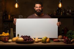 uma homem em pé no meio vários frutas e vegetais, segurando uma placa com livre espaço para texto. foto