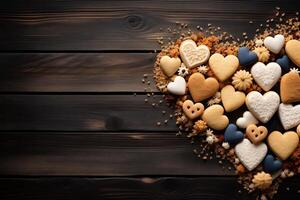 em forma de coração biscoitos ordenadamente arranjado em uma rústico de madeira mesa com livre espaço para texto, criando uma doce e atraente mostrar. foto