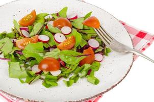 nutrição saudável. salada leve de folhas de beterraba, rabanete e tomate cereja foto