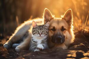 uma cachorro e uma gato mentira em a terra Próximo para cada de outros e descansar pacificamente. amizade entre animais. foto