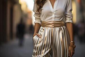 uma mulher vestindo uma branco camisa e ouro listrado calça carrinhos com confiança. foto