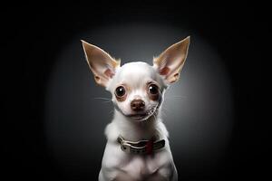 retrato do uma branco chihuahua em uma Sombrio neutro fundo, cortada foto, estúdio claro. ai arte foto