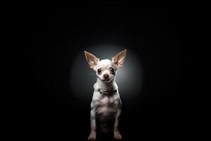 retrato do uma branco chihuahua em uma Sombrio neutro fundo, cortada foto, estúdio claro. ai arte foto