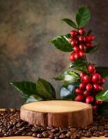 esvaziar madeira pódio cercado de café feijões com café plantar com vermelho fruta foto