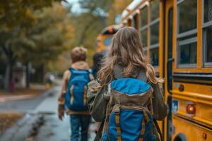 uma grupo do crianças estão caminhando para escola, 1 do eles carregando uma azul mochila foto