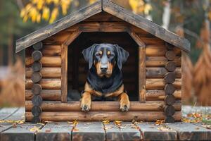 uma cachorro é sentado dentro uma de madeira cachorro casa foto