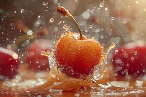 uma vermelho cereja é cercado de água gotas, criando uma lindo foto