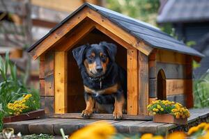 uma cachorro é sentado dentro uma de madeira cachorro casa foto
