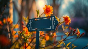 esvaziar placa com a palavra Primavera escrito em isto é colocada dentro uma campo do flores foto